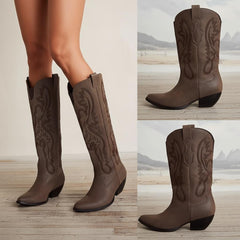 Tuhoomall Western Mid Calf Boots for Women, Embroidered Pointed Toe, Chunky Heel, Slip-On Design for Casual Style