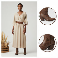 Tuhoomall Stylish Western Mid-Calf Boots for Women - Embroidered Vegan Leather, 2.76in Low Chunky Heel, Perfect for Year-Round Casual Wear