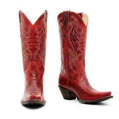 Tuhoomall Retro Embroidered Slip-On Mid Calf Chunky Heel Boots for Party Performance