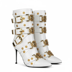 Tuhoomall Fashion Stiletto Mid Calf Boots With Pointed Toe And Zipper Closure, Multi-Strap Design Featuring Buckle And Hardware Accessories For Party And Street Wear