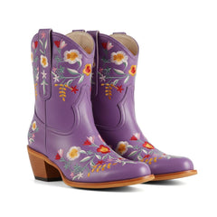 Tuhoomall Stylish Western Ankle Boots with Floral Embroidery, Rubber Sole, Chunky 5cm Heel for Classic and Casual Looks