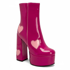 Tuhoomall Chunky Heeled Ankle Boots for Women, Heart Pattern, Zipper Closure, All-Season Fashion, Perfect for Parties and Travel