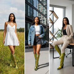 Tuhoomall Western Knee-High Boots for Women, Slip-On High Heels 3.74in, Metallic Finish, Fashion-Forward Design, Perfect for Performances and Street Style