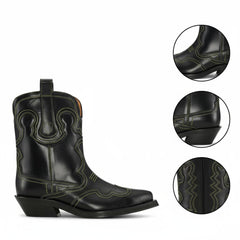 Tuhoomall Chic Mid Calf Western Boots For Women | Floral Embroidery | Slip-On Chunky Heel | Casual Fashion Footwear For Travel