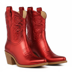 Tuhoomall Comfortable Western Ankle Boots for Fashion, Travel, and Leisure - Embroidered Genuine Leather, 5.5cm Chunky Heel, Slip-On Design