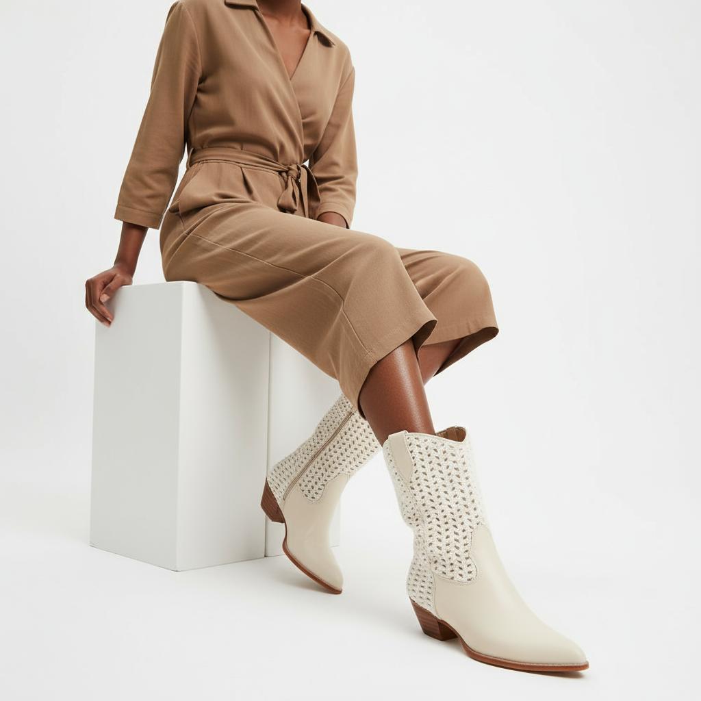 Tuhoomall Cowboy Style Chunky Heel Ankle Boots for Women, Pointed Toe, Zipper Closure, Stylish Crochet Detailing, Perfect for Work and Casual Outings Tuhoomall