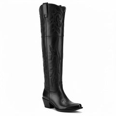 Tuhoomall Western Over-the-Knee Boots for Women, Chunky Heel, Snip-Toe, Embroidered, Slip-On, Distressed Style for Parties and Casual Outings