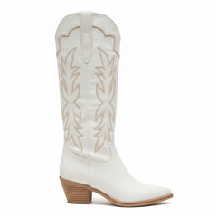 Tuhoomall Embroidered Western Chunky Heel Boots for Women - Pointed Toe, Zipper Closure, Mid-Calf Height, Stylish Vegan Leather, Perfect for All Seasons