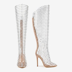 Tuhoomall Over-The-Knee Stiletto Boots for Women - Fashionable Party Wear with Studded Design and Zipper Closure - Perfect for Performances and Themed Events Tuhoomall