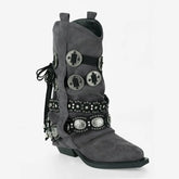 Tuhoomall Western Cowboy Boots for Women, Mid-Calf Pointed Toe, Chunky Heel Slip-On, Stylish Faux Suede with Hardware Accents, Ideal for All Seasons Tuhoomall