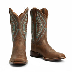 Tuhoomall Western Mid Calf Boots For Women, Chunky Heel, Square Toe, Embroidered Design, Slip-On, Fashion Casual, All Season, Rubber Sole