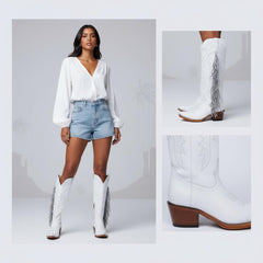 Tuhoomall Fringe Western Knee High Boots for Women, Soft Vegan Suede, Embroidered Design, Perfect for Vintage, Casual, and Party Wear