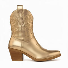 Tuhoomall Comfortable Western Ankle Boots for Fashion, Travel, and Leisure - Embroidered Genuine Leather, 5.5cm Chunky Heel, Slip-On Design