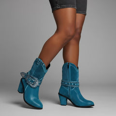 Tuhoomall Chunky Heel Pointed Toe Ankle Booties with Studs and Rhinestones for Fashion, Parties, and Casual Outings