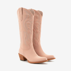 Tuhoomall Western Embroidered Pointed Toe Chunky Heel Slip-On Mid Calf Boots for Women, Retro Casual Style, Perfect for Weddings and Everyday Wear