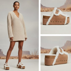 Tuhoomall Blue Faux Suede Fur-Lined Studs Double Buckle Strap Round Platform Cork Sandals Slippers