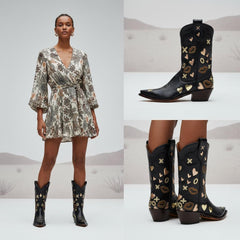 Tuhoomall Western Ankle Boots for Women, 5.5cm Heeled Slip-On, Geometric Pattern with Embroidery, Casual Stylish Mid-Calf Footwear for All Seasons