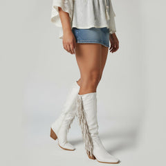 Tuhoomall Western Knee High Boots with Fringe, Round Toe, Chunky Heels for Stylish Casual Fashion, All Season Comfort