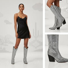 Tuhoomall Rhinestone Western Mid-Calf Boots for Women, Stylish 3.15 in Chunky Heel, Vegan Suede, Perfect for Parties and Performances