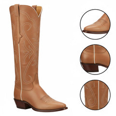 Tuhoomall Western Style Knee-High Boots, Embroidered Vegan Leather, 5.5cm Chunky Heel, Fashion Casual for All Seasons