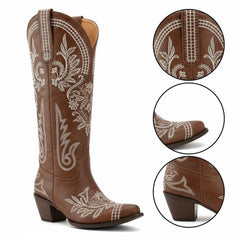 Tuhoomall Western Cowgirl Boots, Slip-On Mid Calf with Chunky Heel, Floral Embroidery for Parties and Casual Wear