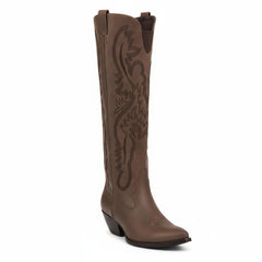 Tuhoomall Western Mid Calf Boots for Women, Embroidered Pointed Toe, Chunky Heel, Slip-On Design for Casual Style