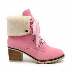 Tuhoomall Fashion Casual Ankle Boots for Women, Classic Street Style, Round Toe, Mid Heel, Lace-Up, Solid Color, Perfect for Winter Wear