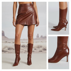 Tuhoomall Comfortable Mid Calf Boots for Travel, Weddings and Daily Fashion - 8cm Stiletto Heel, Slip-On Design in Solid Color