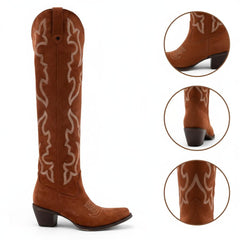 Tuhoomall Western Knee-High Boots for Fashion Casual Style with Embroidered Design and Chunky Heel, Ideal for Ranch and Outdoor Activities