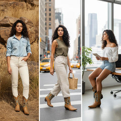 Tuhoomall Western Ankle Boots with Rhinestone Details, Faux Leather Lining, 2.36โ Heel, Embroidered Design for Casual and Performance Events