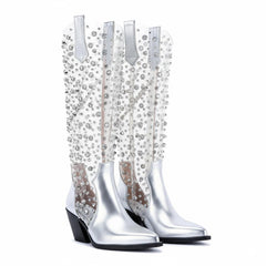 Tuhoomall Mid Calf Cowboy Boots with Rhinestones, Chunky Heel for Casual & Performance Style, Vegan Leather Zipper Closure, Comfortable & Durable Design Tuhoomall