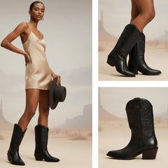 Tuhoomall Western Knee-High Boots for Women, Embroidered Chunky Heel, Slip-On Style, Pointed-Toe, Premium Leather, All Seasons Fashion