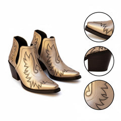 Tuhoomall Stylish Women's Ankle Boots, Chunky 2.36 in Heel, Slip-On Design, Embroidered Details, All-Season Fashion