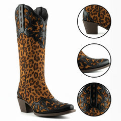 Tuhoomall Western Cowboy Women's Boots, Stylish Animal Print, Chunky Heel, Comfortable Faux Suede, Versatile for Casual or Party Wear