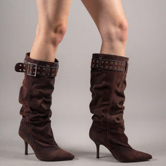 Tuhoomall Style Knee High Boots with Pointed Toe, 9cm Stiletto Heel, Perfect for Parties and Performances, Vintage and Stylish Design