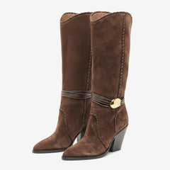 Tuhoomall Western Knee-High Boots, Chunky Heel, Woven Design, Versatile for Work and Parties, Soft Faux Suede, Unique Buckle Detail, All-Season Footwear