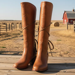 Tuhoomall Western Knee-High Boots, Retro Chic Style, Comfortable Chunky Heel, Lace-Up Closure for Casual Travel Tuhoomall