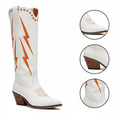 Tuhoomall Western Cowgirl Mid Calf Boots with Chunky Heel, Pointed Toe, Embroidered Design, Slip-On Style for Fashionable Casual Wear