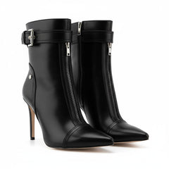 Tuhoomall Western Ankle Boots For Women, Stylish Pointed Toe, 9.5cm High Heel, Zipper Closure, Casual And Office Wear, Adjustable Buckle, All-Season Wedding Tuhoomall