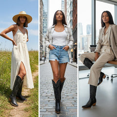 Tuhoomall Faux Suede Knee High Western Boots with Embroidered Eagles for Fashion, Travel, and Parties, 2.36 in Chunky Heel