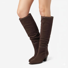 Tuhoomall Knee-High Ruffle Fashion Boots for Women, Chunky Heel, Slip-On, Stylish All-Season Wear