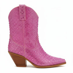 Tuhoomall Rhinestone Embellished Ankle Boots for Women, Chunky Heel 6.5 cm, Slip-On Pointed Toe Short Booties for Parties and Weddings