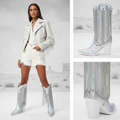 Tuhoomall Chunky Heel Western Rhinestone Booties with Fringes for Fashion Events, Pointed Toe, Slip-On Style, All-Day Comfort, Eye-Catching Design