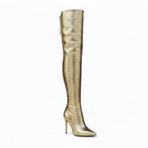 Tuhoomall Stylish Over-the-Knee High Heels with Metallic Shine, Striped Pattern, and Faux Leather Lining for Parties and Fashion Events Tuhoomall