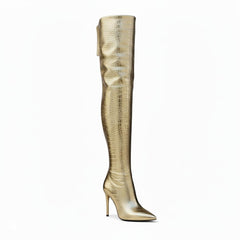Tuhoomall Stylish Over-the-Knee High Heels with Metallic Shine, Striped Pattern, and Faux Leather Lining for Parties and Fashion Events Tuhoomall