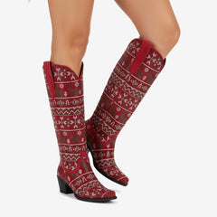 Tuhoomall Comfortable Knee-High Western Boots for Parties and Performances with Rhinestones and Floral Patterns, 5.7cm Chunky Heel, All-Season Fashion