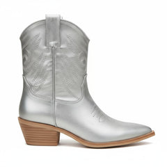 Tuhoomall Metallic Cowboy Ankle Boot with Chunky Block Heel, Pointed Toe, Embroidered Design for Casual Fashion Use, Vegan Leather, All Seasons