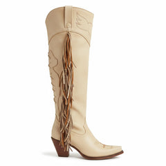 Tuhoomall Western Over Knee Boots with Fringe and Heart Pattern, Block Heel 2.76in, Zipper Closure, Faux Suede for Fashionable Boho Lifestyle
