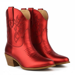 Tuhoomall Western Ankle Boots with Embroidered Pattern, 5cm Chunky Heel, Slip-On Design for Fashion and Travel, Durable Synthetic Fabric Lining