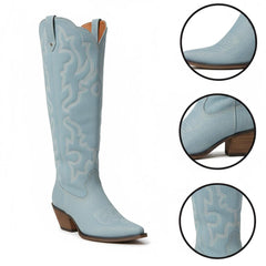 Tuhoomall Western Knee-High Boots with Elegant Embroidery, Stylish Mid Heel for Casual and Office Wear, Durable Faux Suede Leather, All-Season Fashion